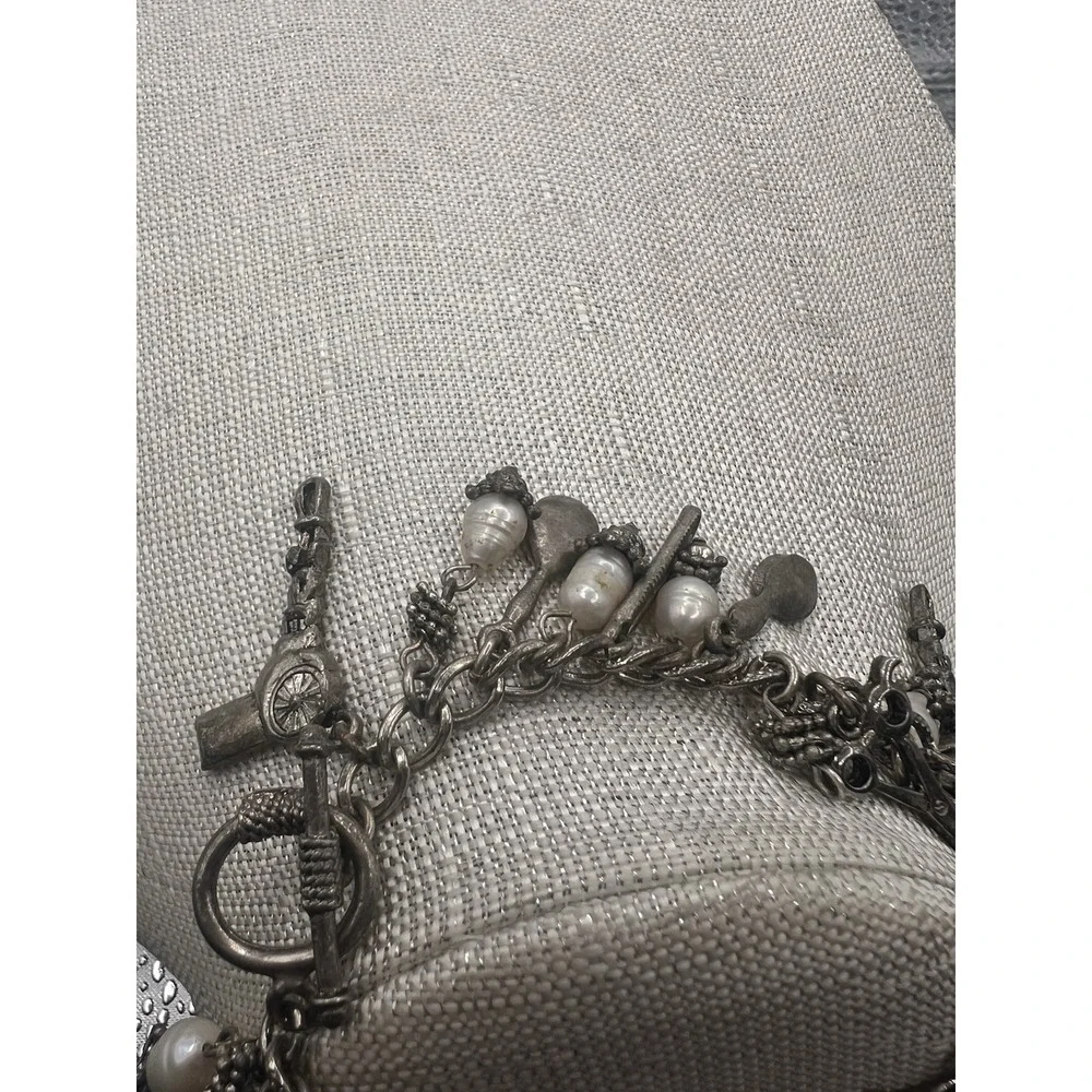 Silver Tone Vintage Charm Bracelet Toggle Clasp Hairdresser Comb Pearl Scissors